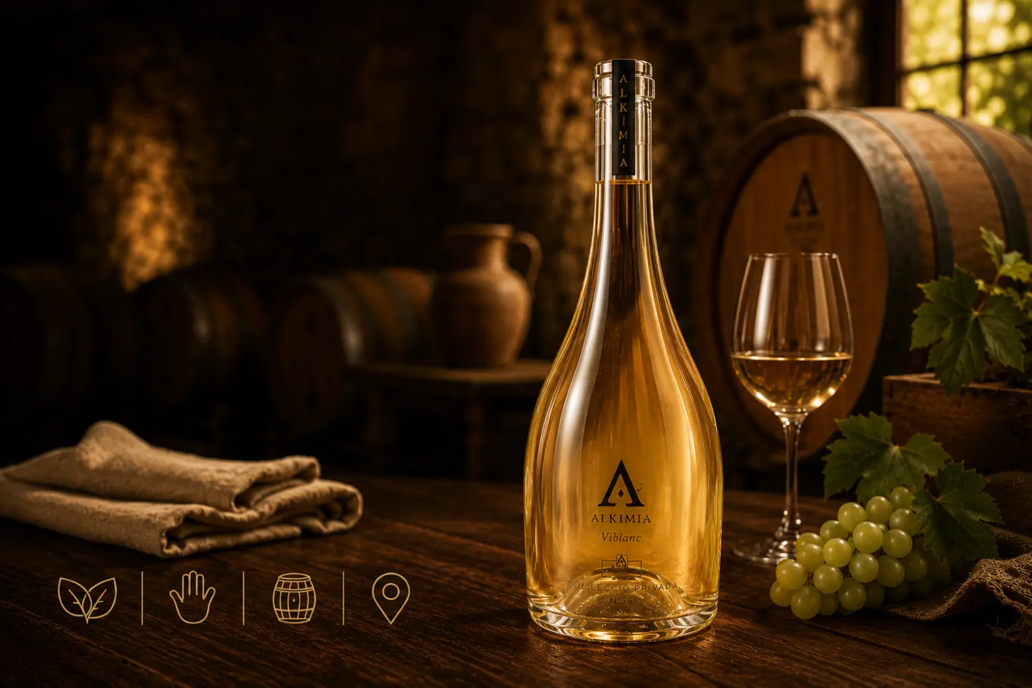 Botella Alkimia con copa de vino y barrica de roble francés en escena de bodega