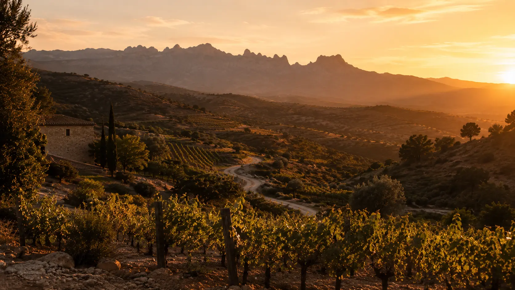 Viñedo Alkimia al atardecer en la sierra del Montsant — viticultura ecológica